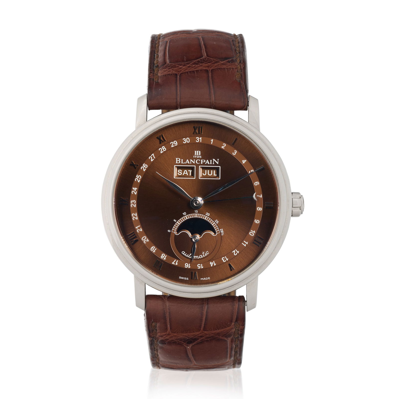 Blancpain. An 18K white gold automatic triple calendar wristwatch with moon phase Villeret, Ref...: Blancpain. An 18K white gold automatic triple calendar wristwatch with moon phase Model: Villeret Reference: 6263 Date: Circa 2010 Movement: 30-jewel Cal.6763 automatic, 18K white gold rotor Dial: Sun