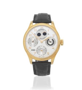 IWC. A fine 18K gold automatic perpetual calendar wristwatch with moon phase and 7 day power res...: IWC. A fine 18K gold automatic perpetual calendar wristwatch with moon phase and 7 day power reserve Model: Portugieser Perpetual Calendar Reference: IW502106 Date: Purchased 5th October 2007 Movement