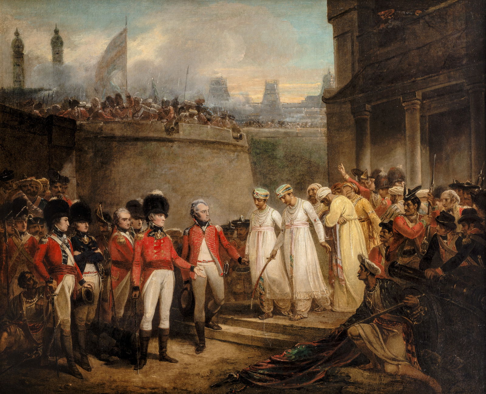 Henry Singleton (London 1766-1839) The Surrender of the two sons of Tipu Sultan to Major Genera...: Henry Singleton (British, 1766-1839) The Surrender of the two sons of Tipu Sultan to Major General David Baird oil on canvas 124.5 x 99 cm. Footnotes: Provenance Property from a descendant of Maj