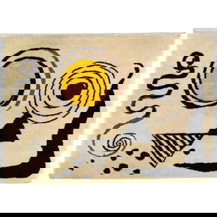 Alexander Calder (1898-1976); Cercle Jaune;: Alexander Calder (1898-1976)Cercle Jaune, 1953Wool pile tapestry, woven signature on the reverse, with label 'Made in France' affixed to the reverse.58 1/2 x 81 1/2in (148.6 x