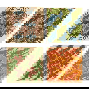 M.C. Escher (1898-1972); Four Elements (Earth, Air, Fire, Water) (4 works);: M.C. Escher (1898-1972)Four Elements (Earth, Air, Fire, Water) (4 works) (Bool 382-85), 1953, 1954, 1955, 1956A group of 4 woodcuts in colors on wove paper, each with letterpress text in gray, New