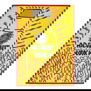 Keith Haring (1958-1990); Absolut Vodka;: Keith Haring (1958-1990) Absolut Vodka, 1986-1989 Offset lithograph in colors on wove paper, with printed signature and date twice, the full sheet, framed. sheet 41 3/8 x 29 5/8in (105.1 x 75.2cm)