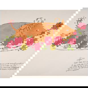Andy Warhol (1928-1987); Piglet, from Wild Raspberries;: Andy Warhol (1928-1987) Piglet, from Wild Raspberries (Feldman & Schellmann IV.134A), 1959 Offset lithograph with hand-coloring on folded laid paper (as issued), the full sheet. sheet 17 1/8 x 21 3/4i