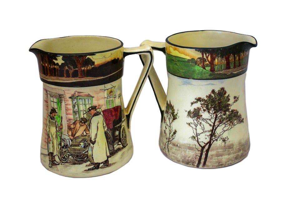 A pair of Royal Doulton 'Series Ware' motoring tankards by George Holdcroft, circa 1906,: A pair of Royal Doulton 'Series Ware' motoring tankards by George Holdcroft, circa 1906, hand painted and glazed, depicting a humorous motoring scene, stamped with the maker's mark underneath, 6.75'H 