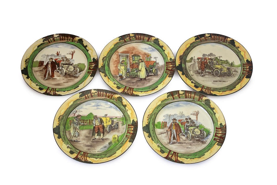 A group of 5, Royal Doulton 'Series Ware' motoring themed plates by George Holdcroft, circa 1906, (1 of 2)