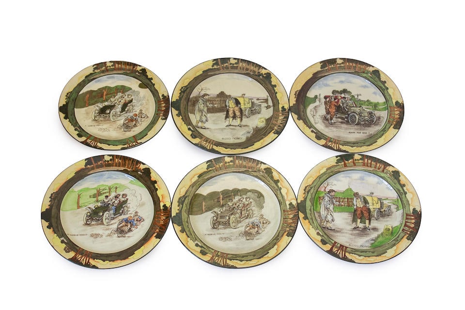 A group of 10, Royal Doulton 'Series Ware' motoring themed plates by George Holdcroft, circa 1906,: A group of 10, Royal Doulton 'Series Ware' motoring themed plates by George Holdcroft, circa 1906, each hand-colored under glaze and decorated with an early humorous motoring scene, titled 'A Nerve To