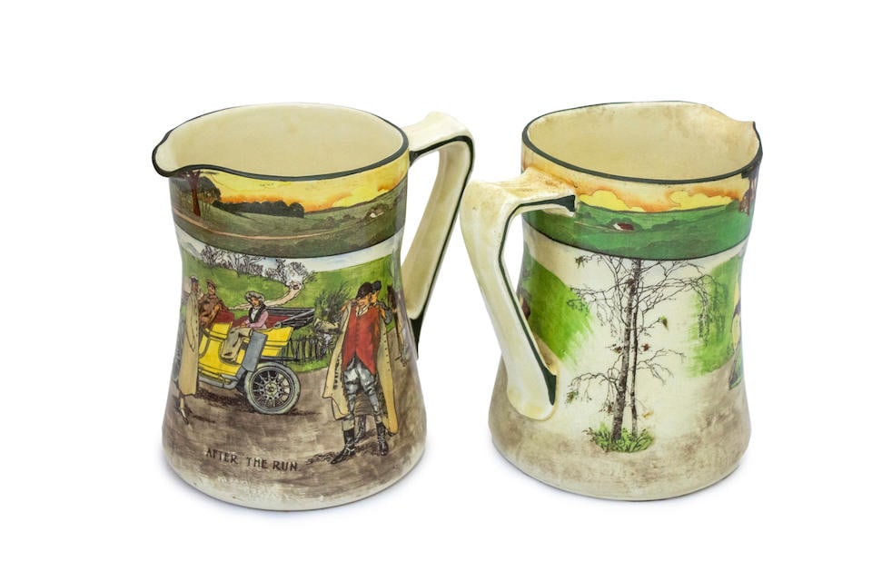 A pair of Royal Doulton 'Series Ware' motoring tankards by George Holdcroft, circa 1906,: A pair of Royal Doulton 'Series Ware' motoring tankards by George Holdcroft, circa 1906, glazed ceramic, titled, 'After the Run,' decorated with a humorous motoring scene, Royal Doultan impression to 