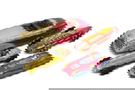 A grouping of four, tin litho toy cars,: A grouping of four, tin litho toy cars, metal construction with lithographed graphic details on cars, comprised of a Marx Sportster convertible, 'High Speed' gold finished race car by SAN, Marx Super
