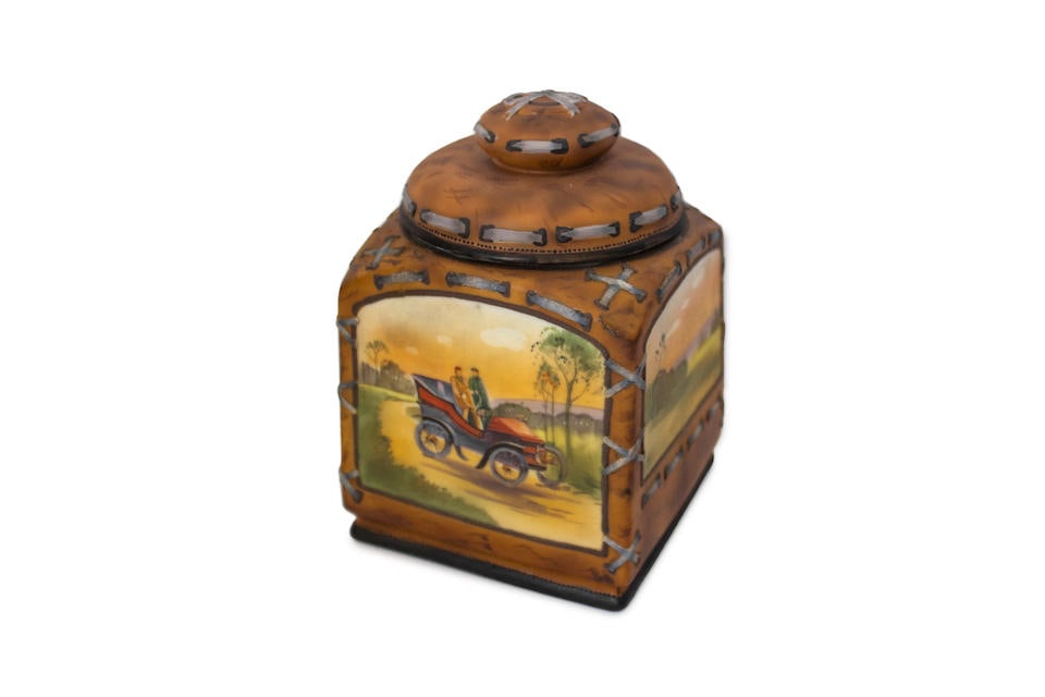 A Japanese Porcelain Humidor, with a vignette of an early Automobile, circa 1902, (1 of 3)