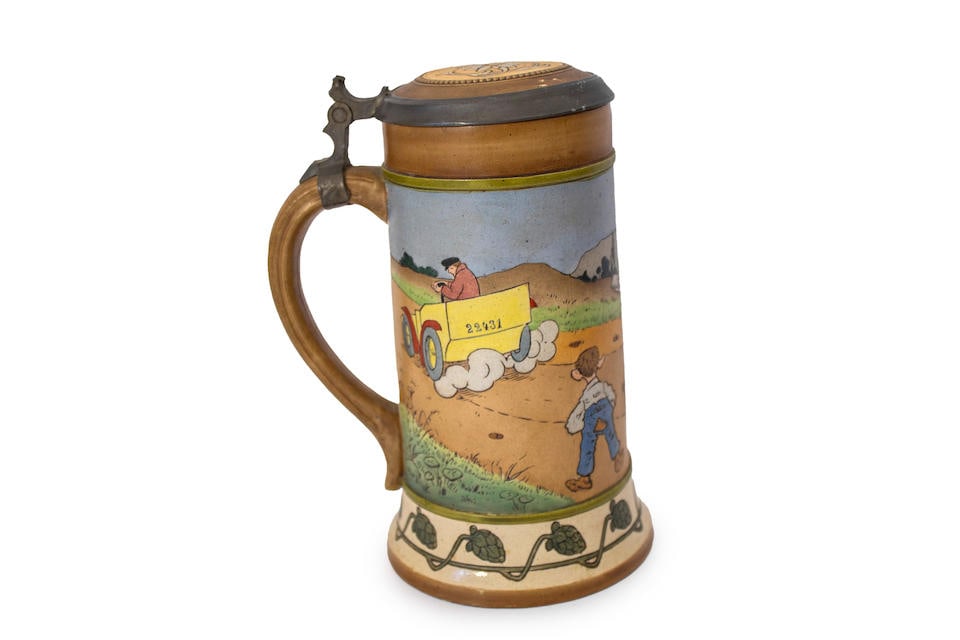 A German Beer Stein with lid, depicting veteran car accident, circa 1905, (1 of 4)
