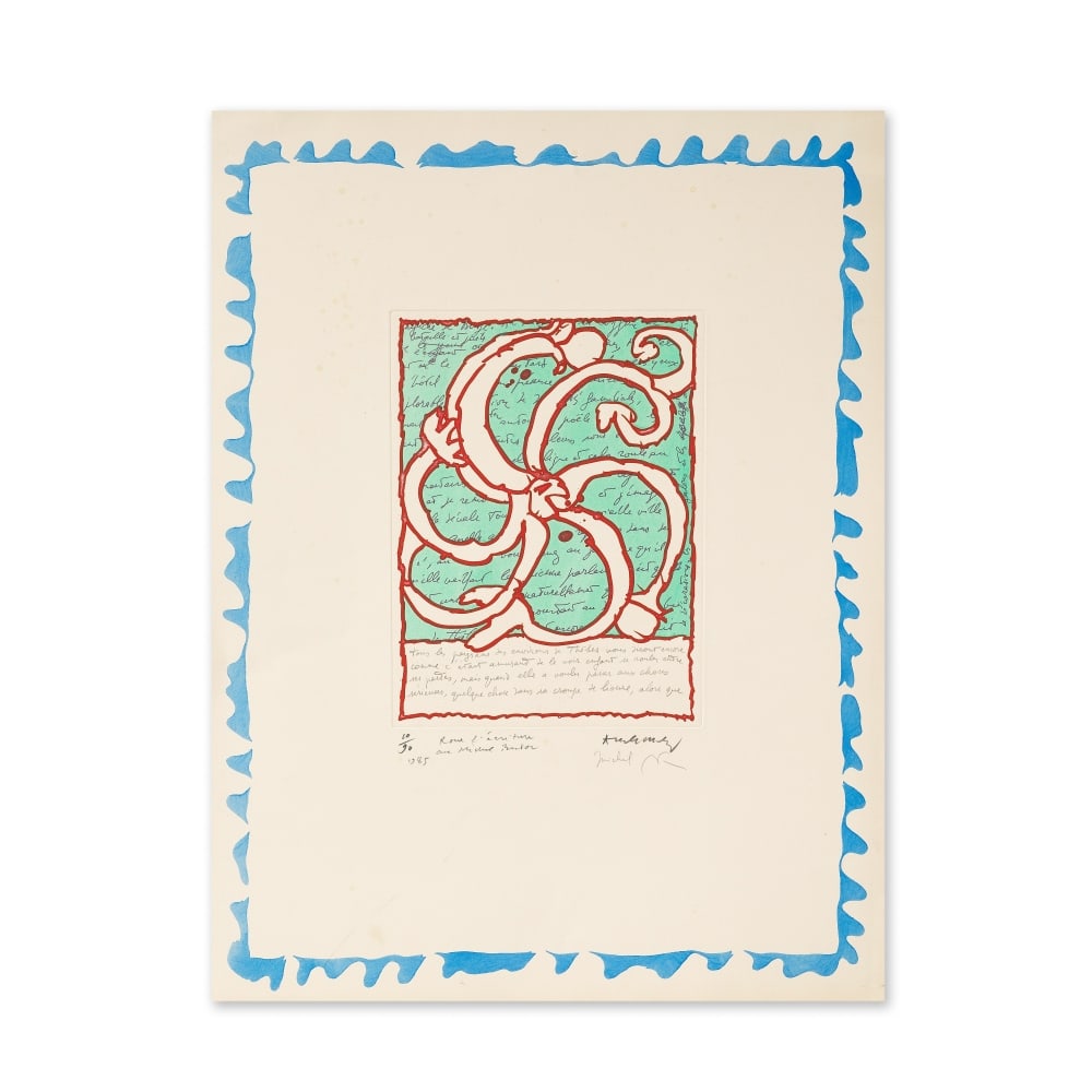 PIERRE ALECHINSKY (NE EN 1927) Roue d'écriture, 1985 et Michel Butor (1926-2016) Eau-forte ...: PIERRE ALECHINSKY (NE EN 1927) Roue d'écriture, 1985 et Michel Butor (1926-2016) Eau-forte sur vélin Signée par Pierre Alechinsky et Michel Butor, datée, titrée et numéro