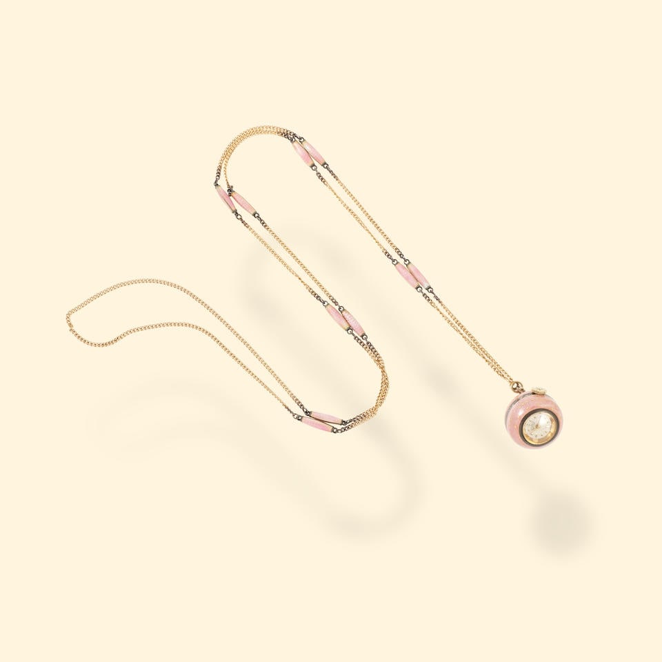 Atlanta Genève. Yellow gold, silver and pink cloisonné enamel watch with its chain Atl... (1 of 1)