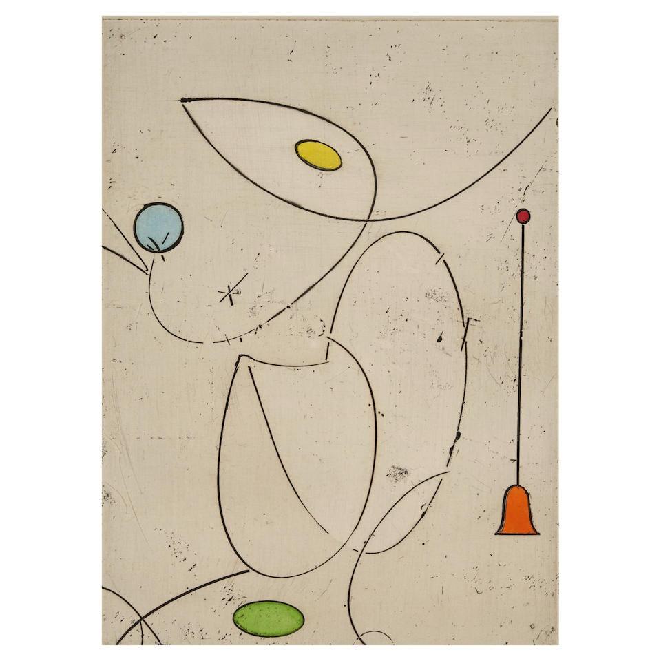 Max Ernst (1891-1976); La cloche rouge;: Max Ernst (1891-1976) La cloche rouge (Spies/Leppien 139), 1970 Etching with hand-coloring on wove paper with a watermark of a bull, signed in pencil and numbered 44/85 (from a total edition of 90), p
