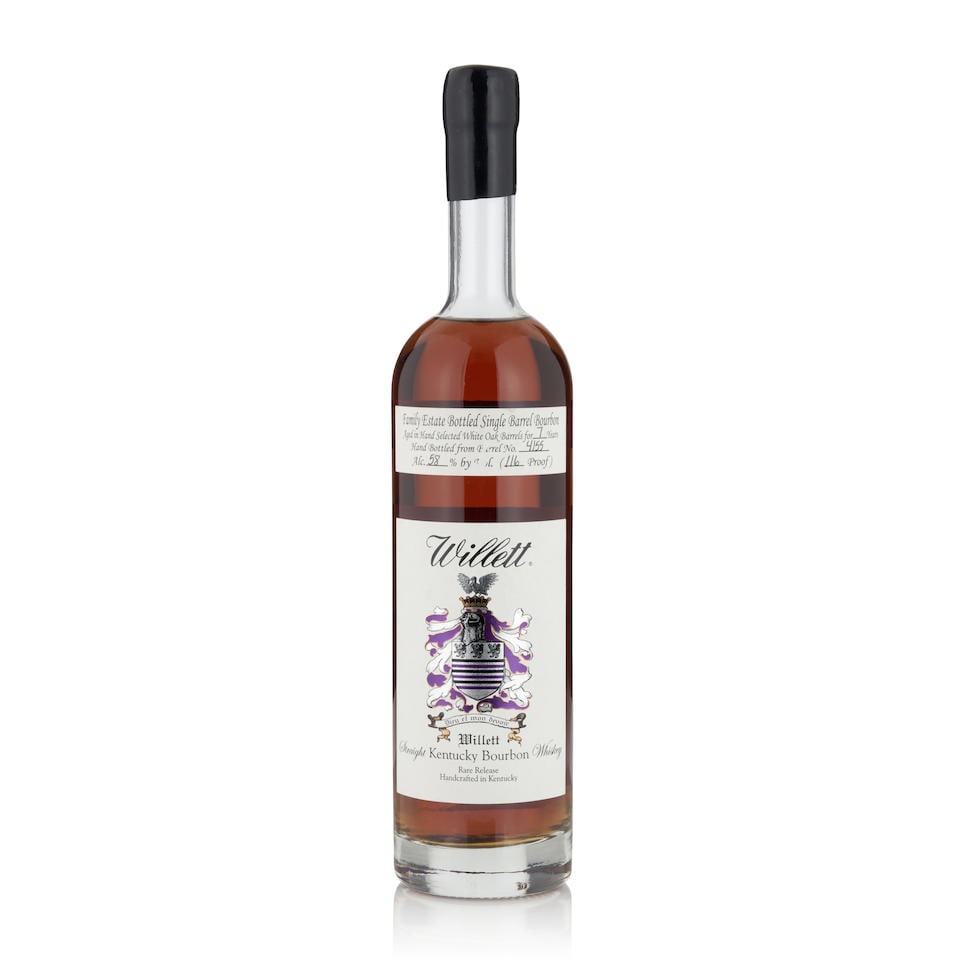 Willett Bourbon 7 Years Old (1 bottle, 750ml): Willett Bourbon 7 Years Old (1 bottle, 750ml) Region: Kentucky Capsule: black wax Alcohol content: 58% Notes: official bottling, selected by Pacific Edge Wine & Spirits, barrel no. 4155, bottle no. 12