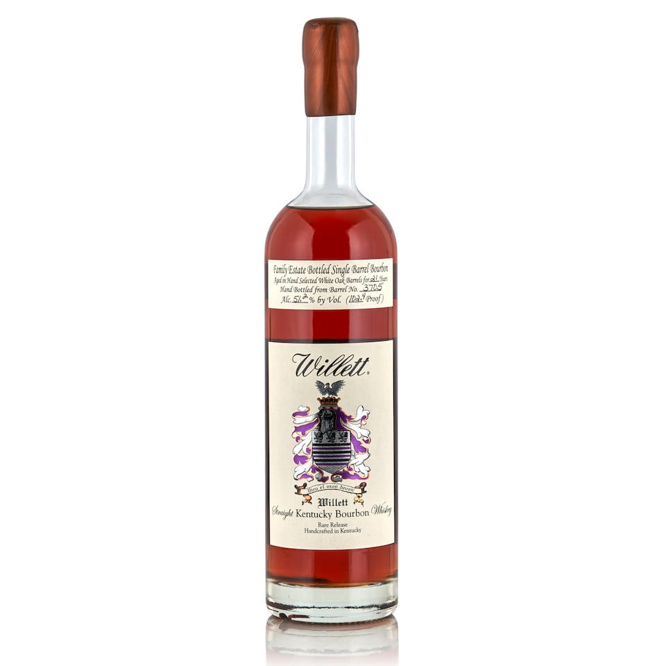 Willett Bourbon 21 Years Old (1 bottle, 750ml): Willett Bourbon 21 Years Old (1 bottle, 750ml) Region: Kentucky Capsule: bronze wax Alcohol content: 51.2% Notes: official bottling, selected by Pacific Edge Wine & Spirits, barrel no. 3705, bottle no