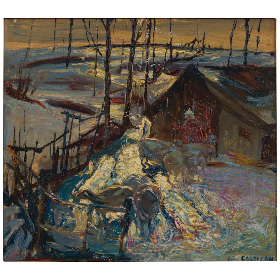John Edward Costigan (1888-1972) Cows in Winter 9 7/8 x 9 7/8 in. (25.1 x 25.1 cm.) (1 of 2)