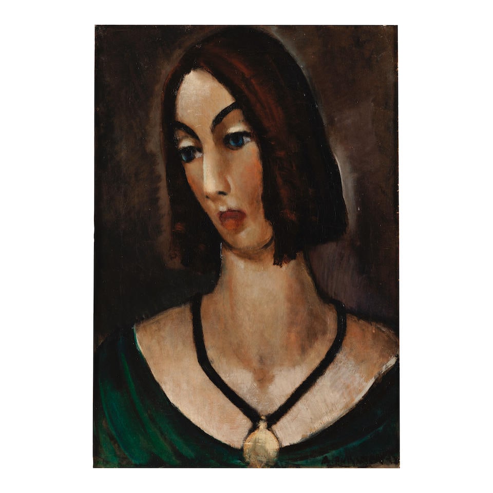 Arthur Durston (1887-1938) Head of a Girl 23 x 16 in. (58.4 x 40.6 cm.) (Painted in 1932.): Arthur Durston (1887-1938) Head of a Girl signed and dated 'A. DURSTON 32' (lower right) and signed again and inscribed with title (on the reverse) oil on canvas 23 x 16 in. (58.4 x 40.6 cm.) Painted