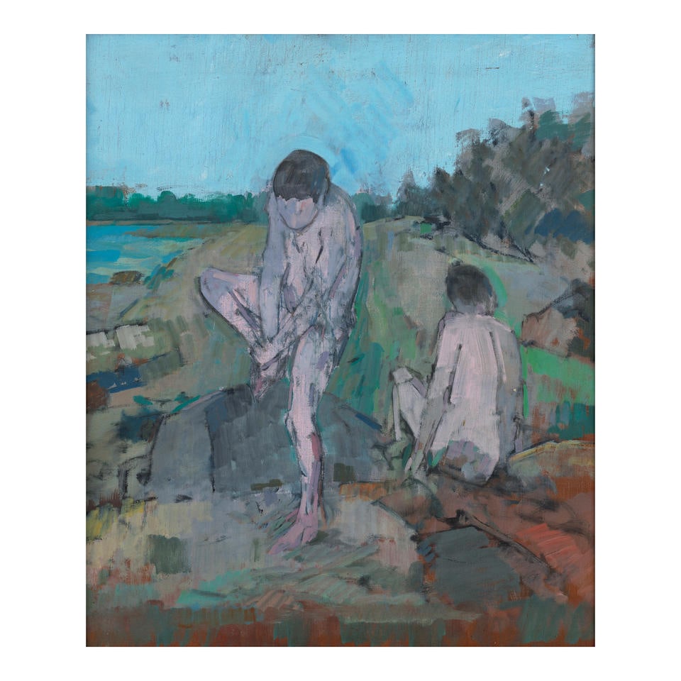 John Edward Heliker (1909-2000) Rocky Shore Landscape with Two Bathers 20 x 17 in. (50.8 x 43.2 ... (1 of 2)