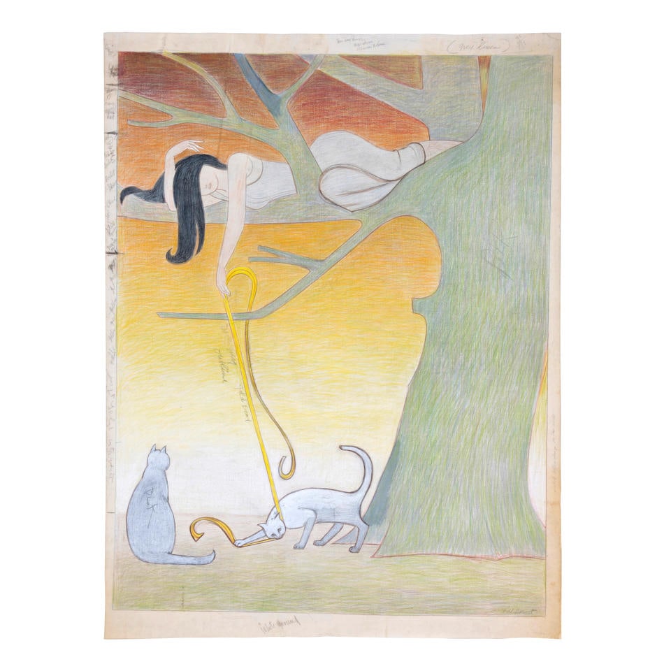 Will Barnet (1911-2012) Study for 'Play' 51 3/4 x 40 1/2 in. (131.4 x 102.9 cm.), image; 55 3/4 ...: Will Barnet (1911-2012) Study for 'Play' signed 'Will Barnet' (lower right) and annotated extensively (along the margins and within the composition) colored pencil, pastel and graphite on Vellum 51 3/