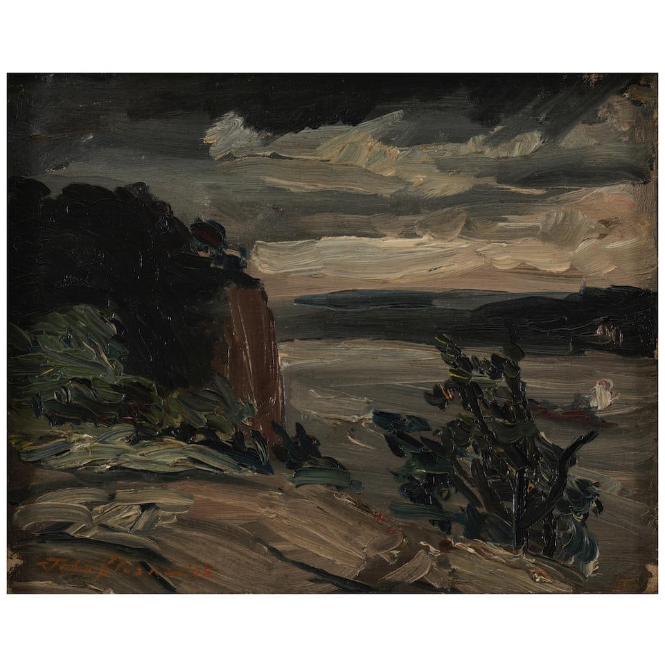 John Sloan (1871-1951) Storm Sky, Palisades, II 9 1/4 x 11 1/2 in. (23.5 x 29.2 cm.) (Painted in...: John Sloan (1871-1951) Storm Sky, Palisades, II signed and dated '-John Sloan — '08' (lower left) and inscribed 'II' (lower right) oil on canvas 9 1/4 x 11 1/2 in. (23.5 x 29.2 cm.) Painted in 1