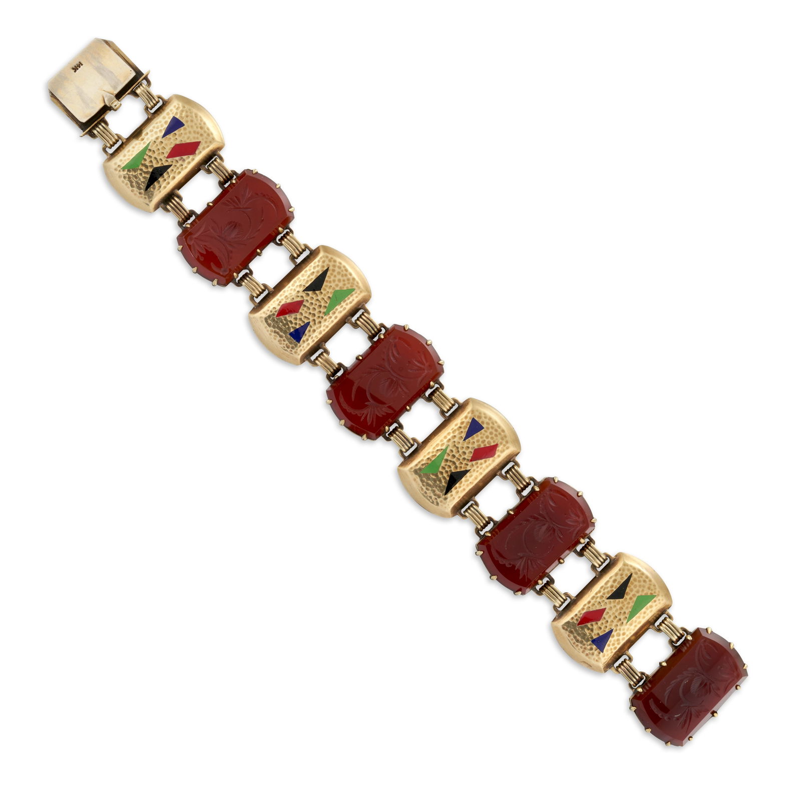 A 14K GOLD, CARNELIAN, AND ENAMEL BRACELET, CIRCA 1930s (1 of 4)