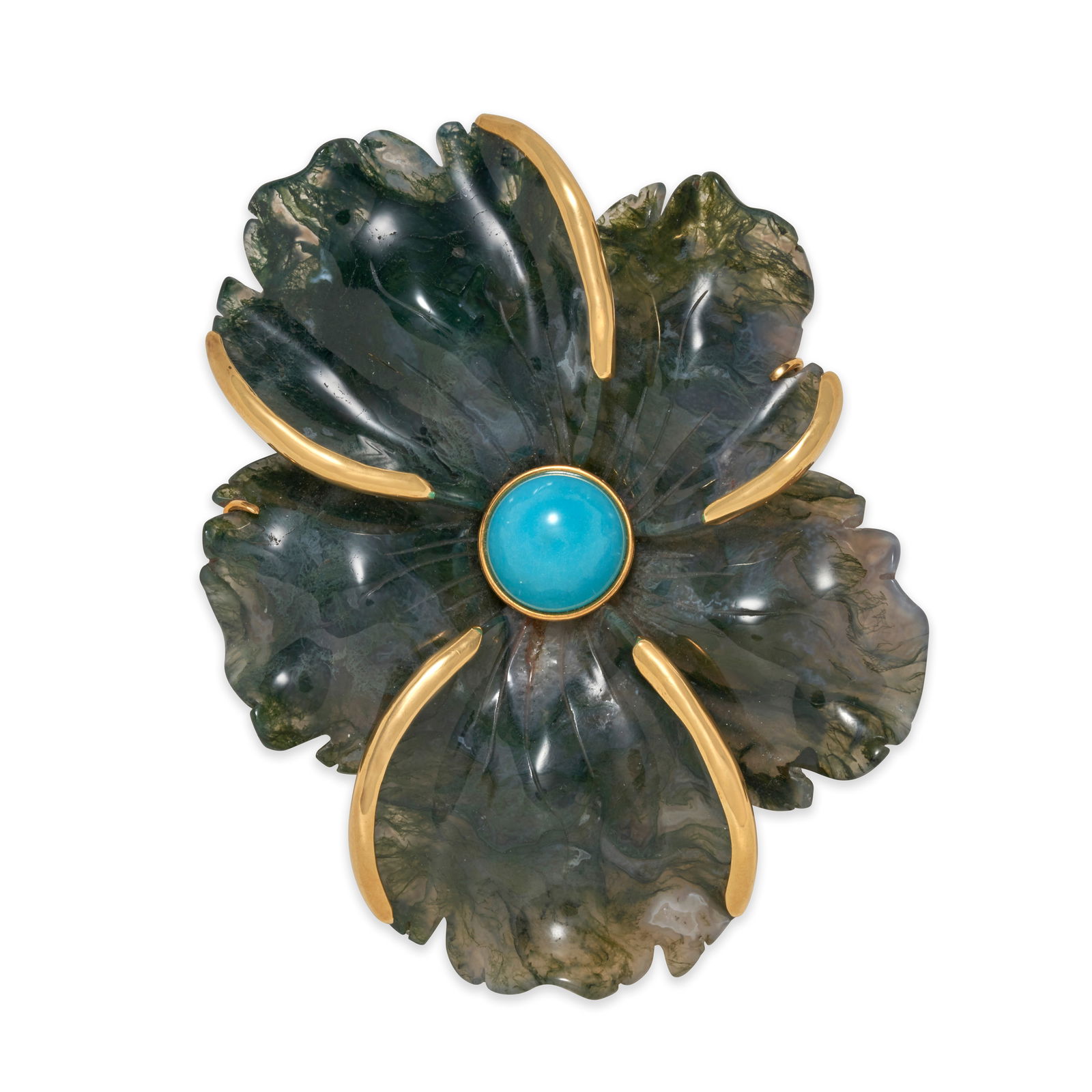 ANDREW CLUNN: A LARGE 18K GOLD, CARVED HARDSTONE, AND TURQUOISE FLOWER BROOCH (1 of 4)