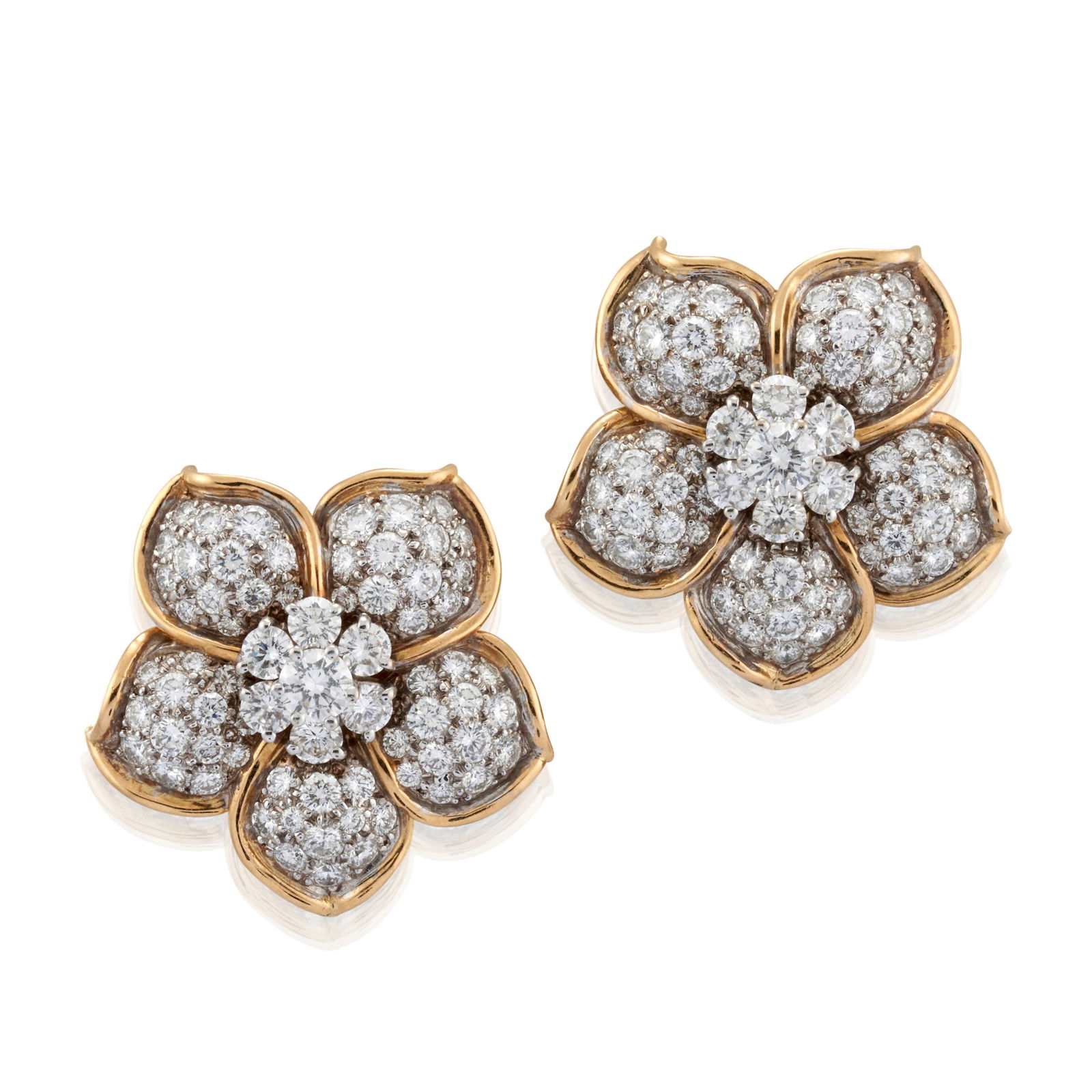A PAIR OF 18K BI-COLOR GOLD AND DIAMOND FLOWER EARCLIPS (1 of 3)