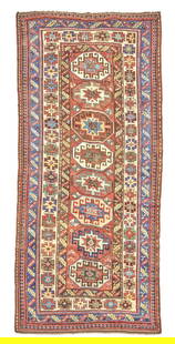 Kazak Rug Caucasus 3 ft. 9 in. x 8 ft. 8 in.: Kazak Rug Caucasus c. 1900. Natural dyes and overall good condition. 3 ft. 9 in. x 8 ft. 8 in. Footnotes: OVERALL CONDITION: Wear consistent with age and use. This condition report is provided for
