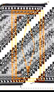 SUZIE YAZZIE PICTORIAL TEXTILE 80 x 46 3/4 in.: SUZIE YAZZIE PICTORIAL TEXTILE The black border with complex interlocking design in white surrounds the central stepped diamond device with two 'Hero' figures inside. 80 x 46 3/4 in.