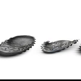 TWO PUEBLO BLACKWARE BOWLS Maria Martinez, San Ildefonso Pueblo, (1887-1980) and Crescencia Tafo...: TWO PUEBLO BLACKWARE BOWLS Maria Martinez, San Ildefonso Pueblo, (1887-1980) and Crescencia Tafoya, Santa Clara Pueblo, (1918-1999), Including a low blackware bowl with stepped design above the