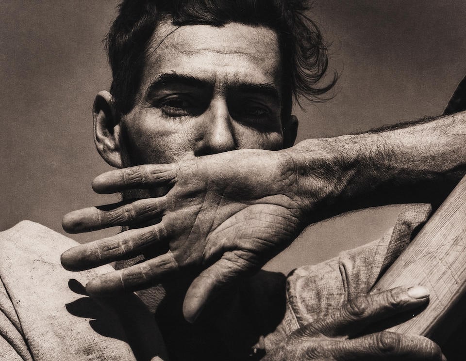 Dorothea Lange (1895-1965); Migratory Cotton Picker, Eloy, Arizona;: Dorothea Lange (1895-1965) Migratory Cotton Picker, Eloy, Arizona, 1940 Platinum print, printed 2008 by Chris McCaw; The Oakland Museum stamp on the verso, annotated 'AP' in pencil. 10 3/4 x 13 7/8 in