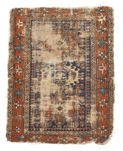 TWO HERIZ RUGS 2 ft. 9 in. x 3 ft. 11 in. and 3 ft. 6 in. x 4 ft. 5 in.: TWO HERIZ RUGS c. 1910 2 ft. 9 in. x 3 ft. 11 in. and 3 ft. 6 in. x 4 ft. 5 in. Footnotes: OVERALL CONDITION: Wear, damages, end and side losses. This condition report is provided for your convenience