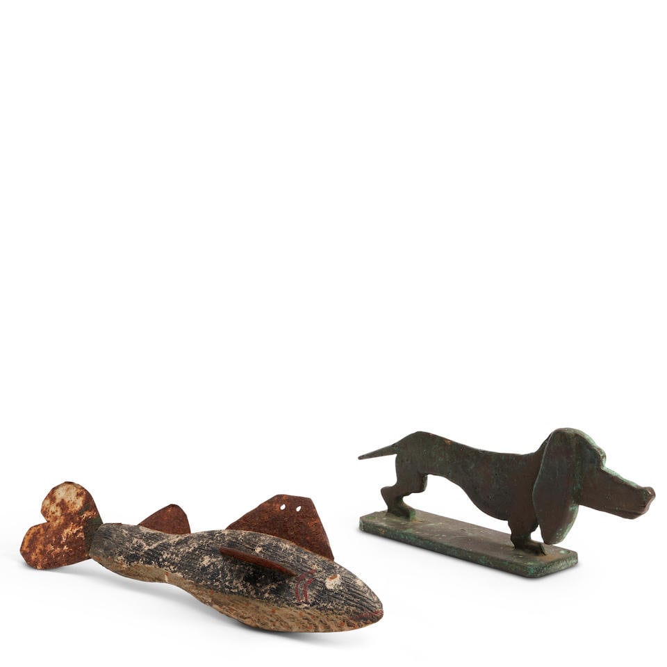 METAL DOG-SHAPE DOORSTOP/FOOT SCRAPER AND WOODEN AND IRON-SHEET FISH DECOY: METAL DOG-SHAPE DOORSTOP/FOOT SCRAPER AND WOODEN AND IRON-SHEET FISH DECOY wd. to 12 in. Footnotes: OVERALL CONDITION: Wear consistent with age and use, including rust, surface grime, and surface wear