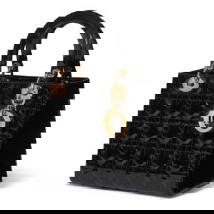CHRISTIAN DIOR: PATENT LEATHER MEDIUM LADY DIOR 2009: CHRISTIAN DIOR: PATENT LEATHER MEDIUM LADY DIOR 2009 • Creative Director: John Galliano • Black Cannage Quilted Patent Leather • Gold Tone Hardware with Protective Feet at