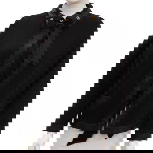 CHANEL: CASHMERE SWEATER SET: CHANEL: CASHMERE SWEATER SET • Black Cashmere Exterior with Satin Trim • Stitched CC detail on Both Cardigan and Sweater • Bow Detail on Sweater • Bust Size 34