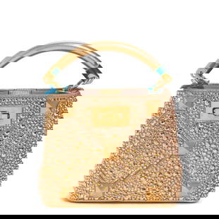 VALENTINO: ROMAN STUD TOP HANDLE BAG: VALENTINO: ROMAN STUD TOP HANDLE BAG • Metallic Gold Strass Embellished Exterior with Roman Stud Detail • Gold Tone Hardware and Protective Feet at Base • Dual Compartments with