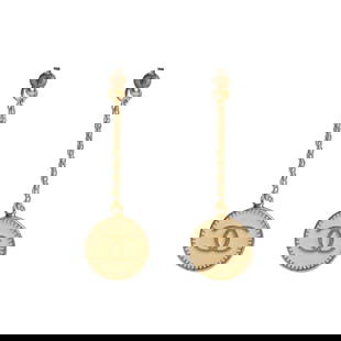 CHANEL: CC COIN EARRINGS Spring 2001: CHANEL: CC COIN EARRINGS Spring 2001 • Gold-Tone Metal CC 'Coins' with Enamel Fill • Chainlink Drops • Standard Post Closures • Measures: 2 cm x 5 cm Footnotes: OVERALL