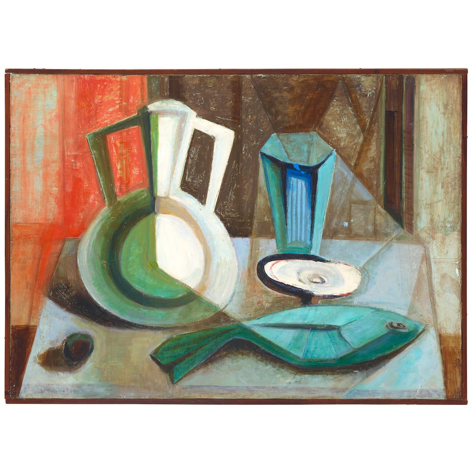 WILLIAM THEOPHILUS BROWN (1919-2012) Cubist Still Life with Fish, 1949: WILLIAM THEOPHILUS BROWN (1919-2012) Cubist Still Life with Fish, 1949 signed and dated 'William Theophilus Brown 49' (lower left); signed again 'W. T. Brown' (on the reverse) oil on canvas 18 x 25 in
