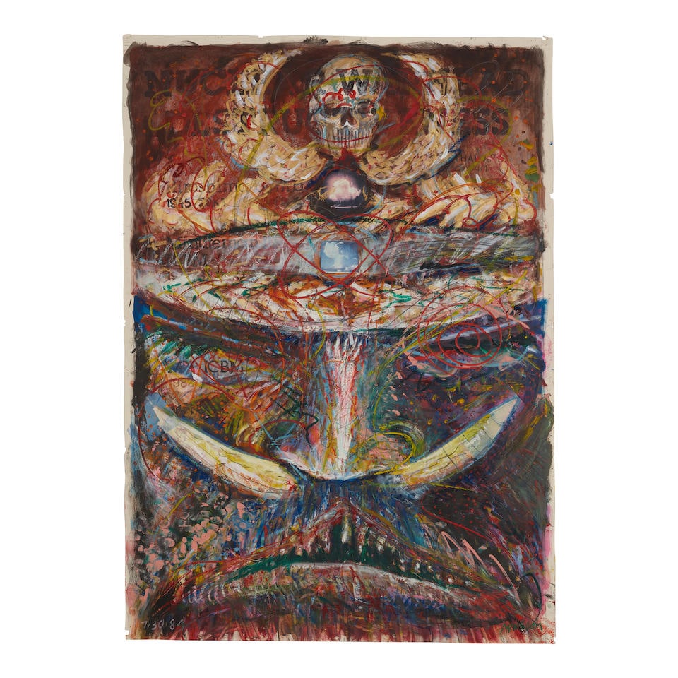 ROBERT ARNESON (1930-1992) Nuclear War Head, 1984: ROBERT ARNESON (1930-1992) Nuclear War Head, 1984 signed 'Arneson' (lower right); dated '7.20.84' (lower left) acrylic, watercolor and oil stick with printed paper collage on paper 59 1/2 x 42 in. 151