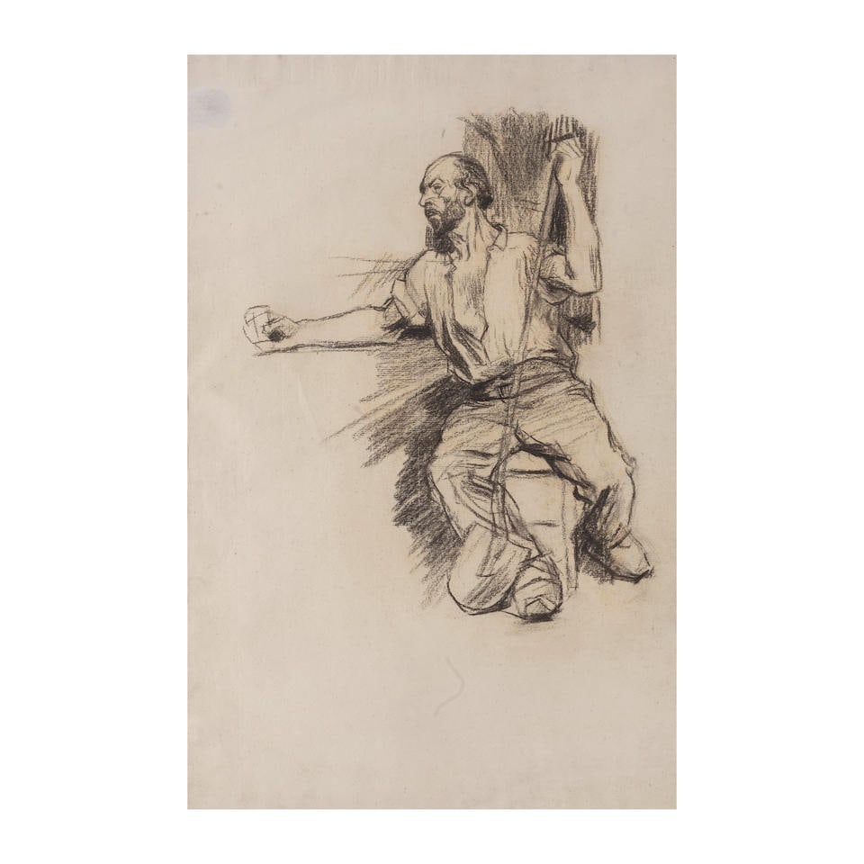 Léon Augustin Lhermitte (Mont-Saint-Père 1844-1925 Paris) Paysan accoudé: Léon Augustin Lhermitte (Mont-Saint-Père 1844-1925 Paris) Paysan accoudé fusain sur papier charcoal on paper 47.1 x 31.6cm (18 9/16 x 12 7/16in). Footnotes: The present lot is a study f