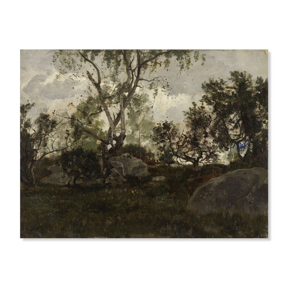 FRÉDÉRIC BAZILLE (1841-1870) Rochers à Chailly, forêt de Fontainebleau: FRÉDÉRIC BAZILLE (1841-1870) Rochers à Chailly, forêt de Fontainebleau daté 'août 1865' (en bas à droite) huile sur toile Peint en 1865 dated 'août 1865' (lower