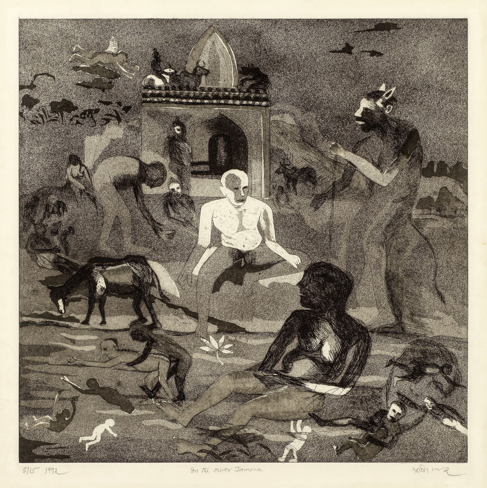 Bhupen Khakhar (1934-2003) In the River Jamuna: Bhupen Khakhar (1934-2003) In the River Jamuna signed and dated in Gujarati and inscribed and titled '5/15 etching 48.6 x 49.2cm (19 1/8 x 19 3/8in). Footnotes: Provenance
