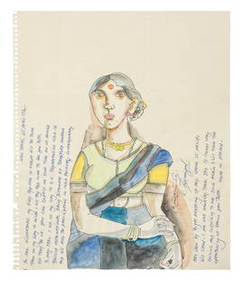Laxma Goud (B.1940) Untitled (Woman with Laxma's Letter): Laxma Goud (B.1940) Untitled (Woman with Laxma's Letter) signed 'K.Laxmagoud' centre right ink and watercolour on paper 26.7 x 22.3cm (10 1/2 x 8 3/4in). Footnotes: Provenance<
