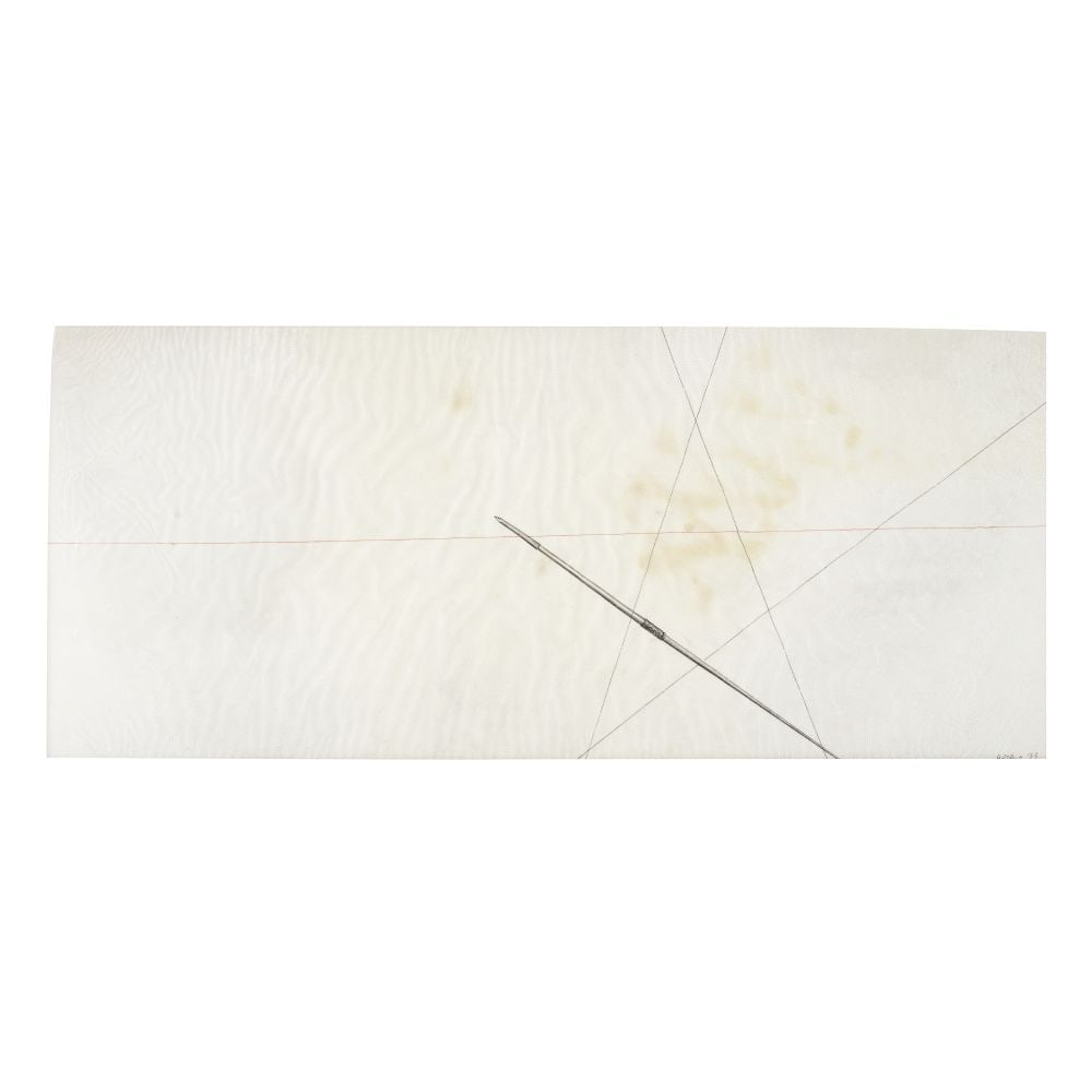 GILBERTO ZORIO (N. 1944) Stella con giavellotto 1973: GILBERTO ZORIO (N. 1944) Stella con giavellotto 1973 signé et daté 73 encre de Chine sur parchemin signed and dated 73 India ink on parchment 27 x 60 cm. 10 5/8 x