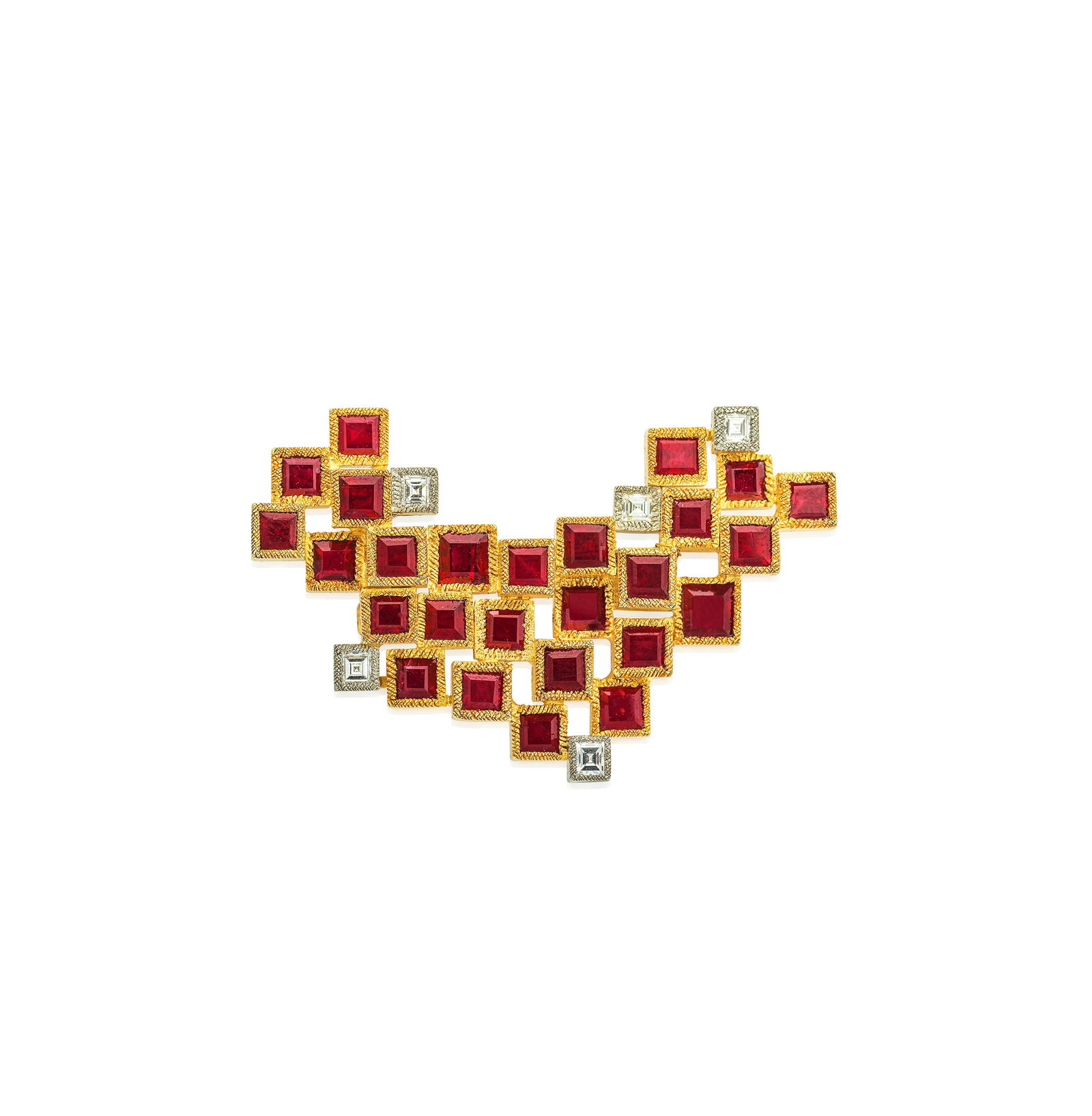 GRIMA: RUBY AND DIAMOND BROOCH, 1964: GRIMA: RUBY AND DIAMOND BROOCH, 1964 Of abstract form, composed of square-cut rubies and similarly-cut diamond accents, within tiered textured box settings, mounted in 18 carat gold, maker's mark HJCo
