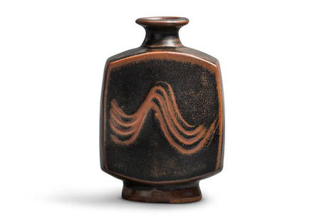 Bernard Leach (British, 1887-1979) Bottle vase, circa 1960: Bernard Leach (British, 1887-1979) Bottle vase, circa 1960 Stoneware, rich tenmoku and iron glazes, with iron speckle and brushed wave motif to front and back. 19.8 cm high, 12.4 cm wide, 8.5 cm deep
