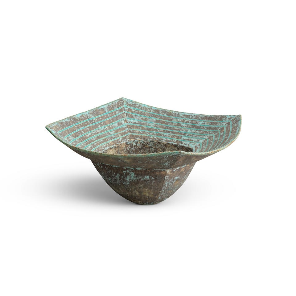 John Ward (British, 1938-2023) Square-rim bowl: John Ward (British, 1938-2023) Square-rim bowl Stoneware, mottled blue and brown glazes over a softly textured surface, curved squared rim with incised blue concentric pattern, following shape of rim.