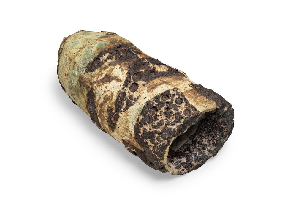 Ewen Henderson (British, 1934-2000) Amphora form, circa 1992: Ewen Henderson (British, 1934-2000) Amphora form, circa 1992 Mixed laminated clays, dry matt pitted surface in mottled tones of green, cream, and brown, with thick dark brown volcanic areas. 12.8 cm h