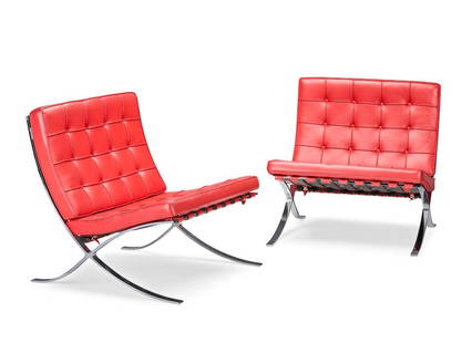 Ludwig Mies Van Der Rohe (German, 1886-1969) 'Barcelona', pair of lounge chairs, designed 1929, ...: Ludwig Mies Van Der Rohe (German, 1886-1969) 'Barcelona', pair of lounge chairs, designed 1929, manufactured post 1995 Chromed steel, red leather upholstery with buttoned detail. Each: 76.2 cm high, 7