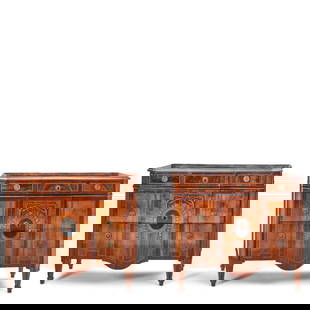 Pair of German Inlaid Chests,  late 18th century,: Pair of German Inlaid Chests, late 18th century, in the Neoclassical style, rectangular with a block front, the conforming top with molded edge over one frieze drawer, above two graduated drawers flan